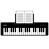 Schwarzes elektronisches Keyboard mit Notenständer und aufgeschlagenem Notenblatt.