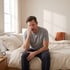 A man in a grey shirt sits on the edge of a bed, rubbing his eyes with one hand.