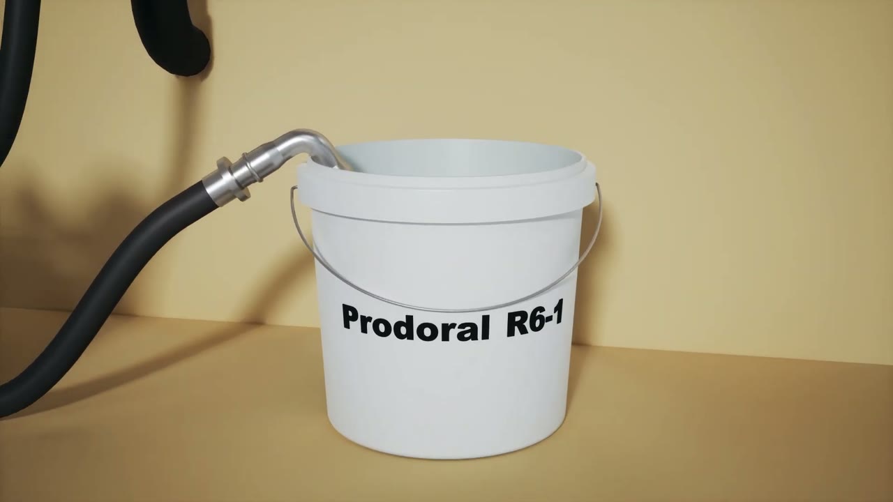 Animation: Eimer mit dem Dichtmittel PRODORAL R6-1, in den ein Ansaugschlauch eingeführt wird