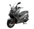 A gray and black maxi-scooter with a clear windscreen and red brake calipers.