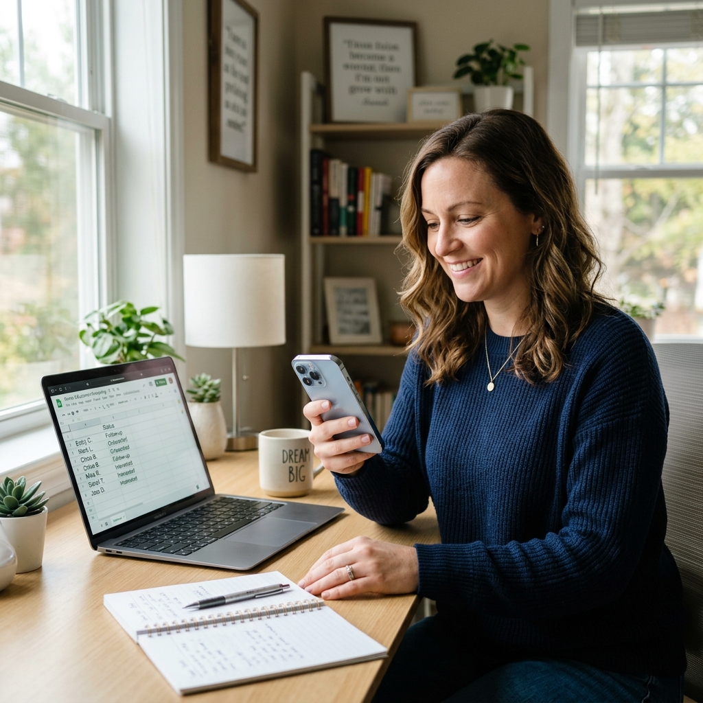 Frau sitzt entspannt am Tisch mit einer Tasse Kaffee