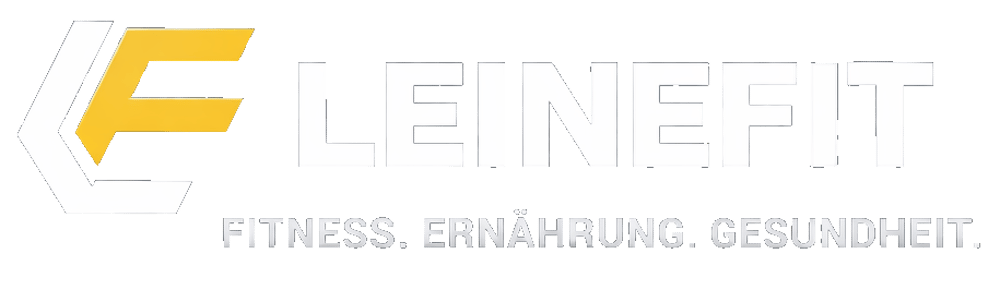 Leinefit logo on green background with text "FITNESS. ERNÄHRUNG. GESUNDHEIT."