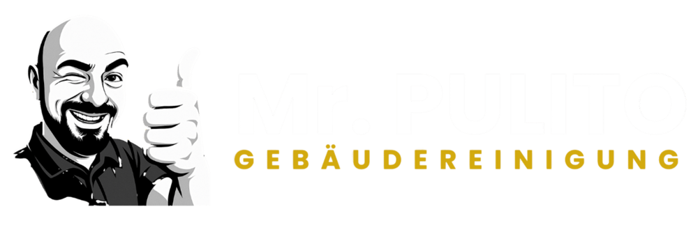 Mann zwinkert und zeigt Daumen hoch, daneben steht "Mr. PULITO GEBÄUDEREINIGUNG" in weiß und gold auf grünem Grund.