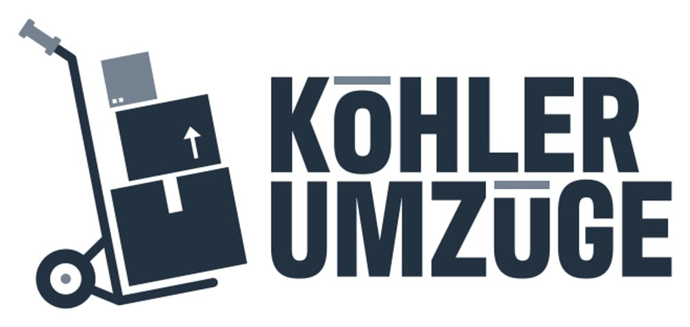 Logo von Köhler Umzüge mit einer Sackkarre, auf der drei blaue Kartons gestapelt sind.