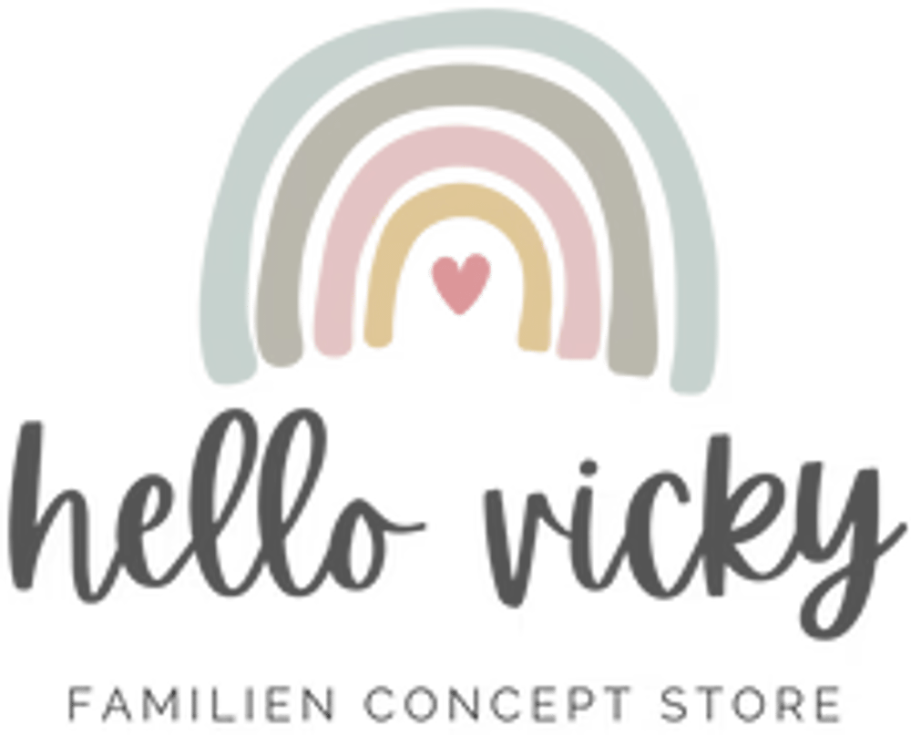 Hello Vicky Logo mit Regenbogen in Pastellfarben und kleinem rosa Herz in der Mitte.