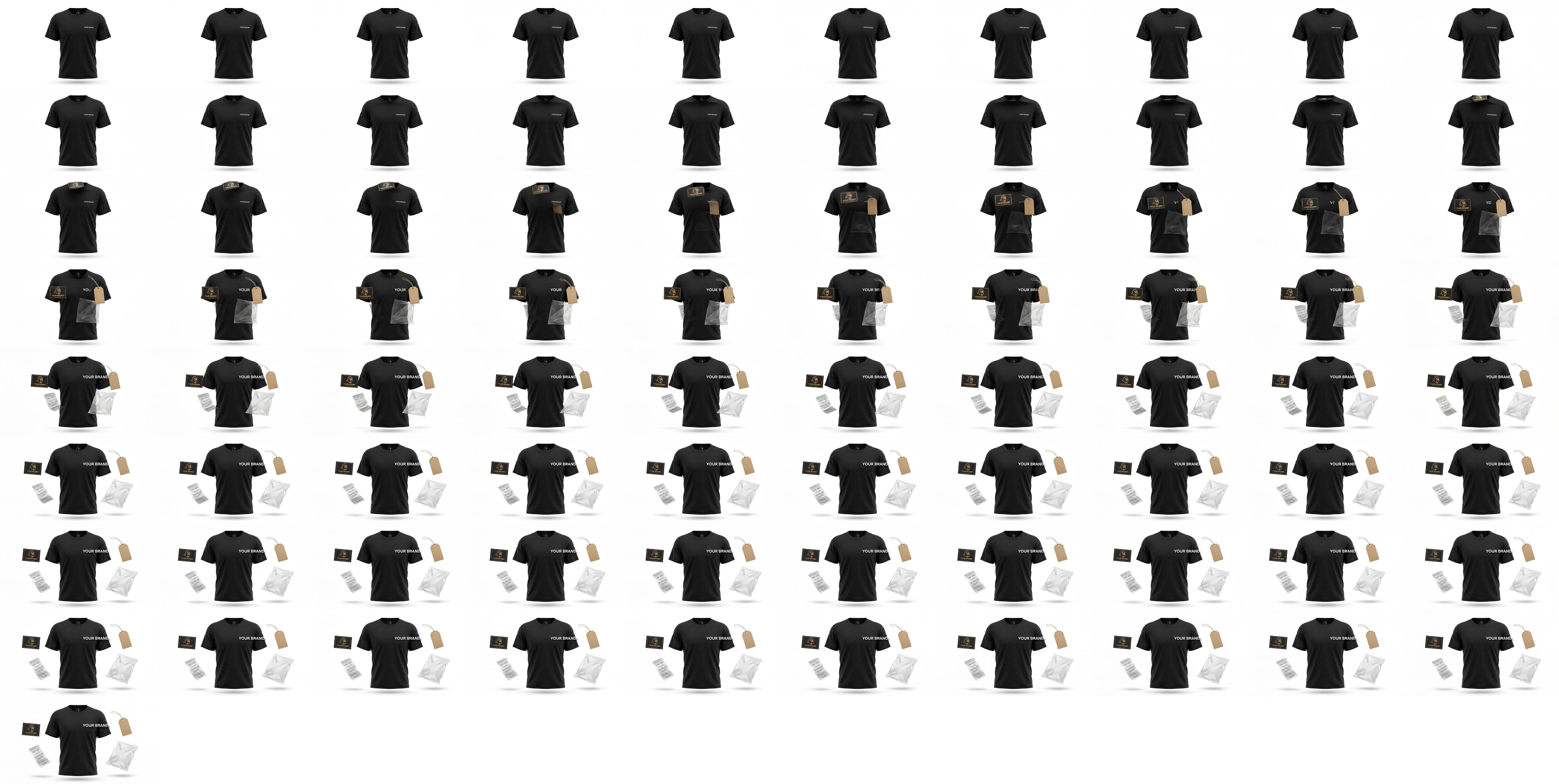 Schwarzes T-Shirt, aus dem Nackenlabel, Hangtag, Waschzettel und Polybag herausschweben
