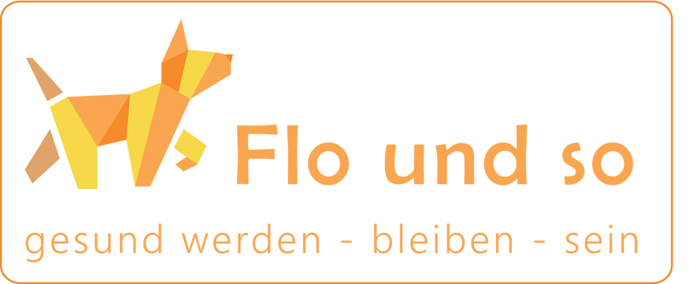 Logo mit stilisiertem orangefarbenem Hund und Text "Flo und so gesund werden - bleiben - sein".