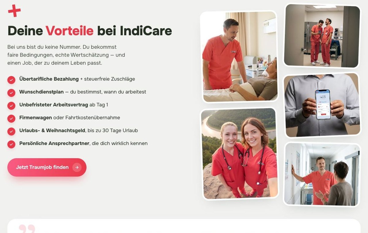 Arbeitgebervorteile auf der Karriereseite von IndiCare