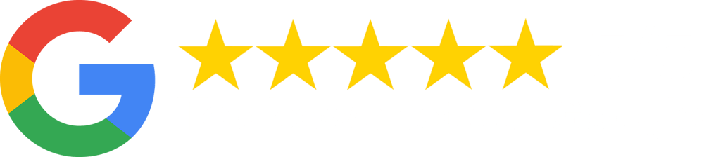 Google-Logo mit fünf goldenen Sternen, "5/5" und Text "Top bewertet auf Google" auf grünem Hintergrund.