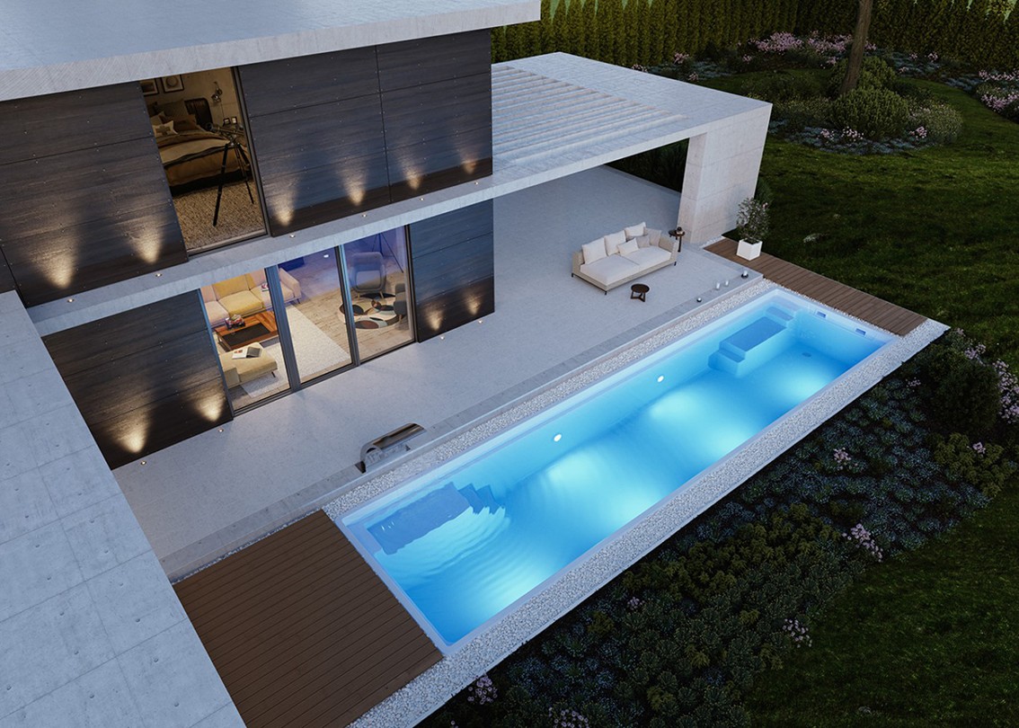 Exklusives 10 Meter langes PP-Becken mit Sonderbeleuchtung, Swimmingpool bauen Düsseldorf
