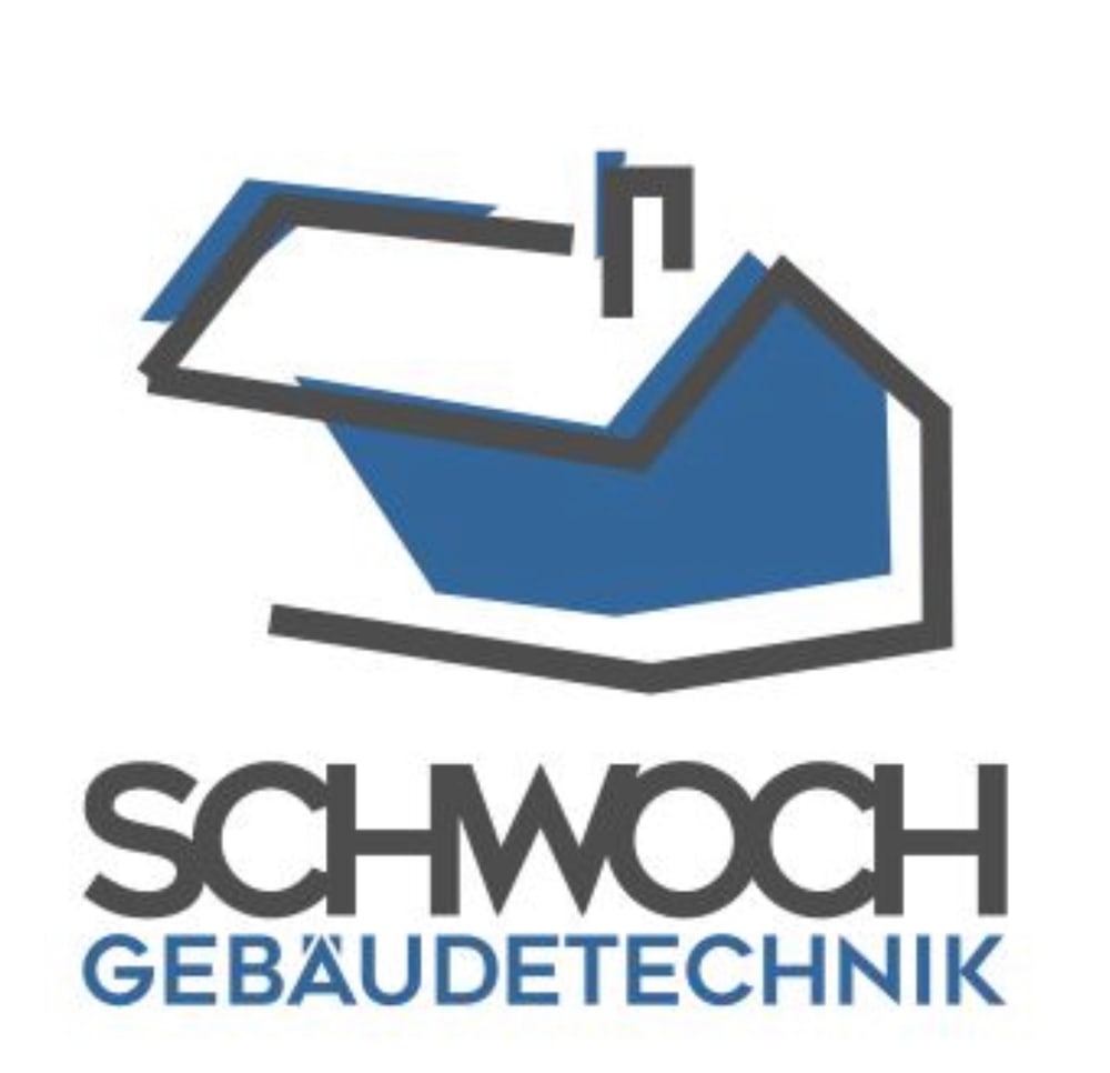 Logo: Ein stilisiertes blaues Haus mit grauem Umriss über dem Text "SCHWOCH GEBÄUDETECHNIK".