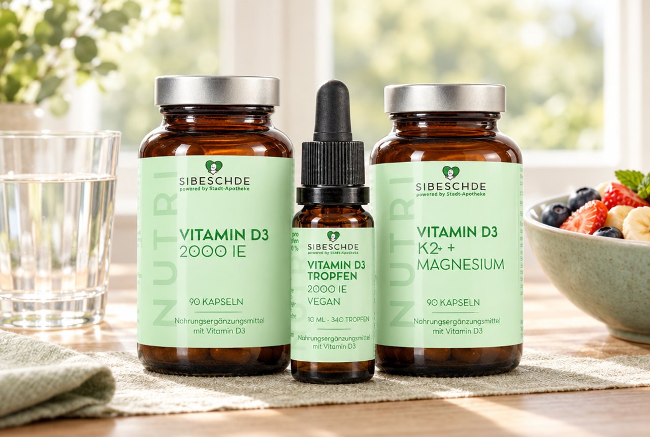 S|BESCHDE Vitamin D3 2000 IE, Vitamin D3 Tropfen und Vitamin D3 + K2 + Magnesium auf einem Frühstückstisch am Fenster mit Glas Wasser und Obstschale