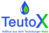 Blauer Tropfen mit grünem Blatt über blauem Text "TeutoX", darunter "AdBlue aus dem Teutoburger Wald".