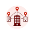 Drei stilisierte Gebäude-Icons mit roten Standort-Pins, die durch gestrichelte Linien miteinander vernetzt sind - Software für Stabsarbeit - Notfall- und Krisenmanager (NKM®).