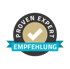Rundes Abzeichen mit "PROVEN EXPERT" und einem goldenen Häkchen, darunter ein blaues Band mit "EMPFEHLUNG".
