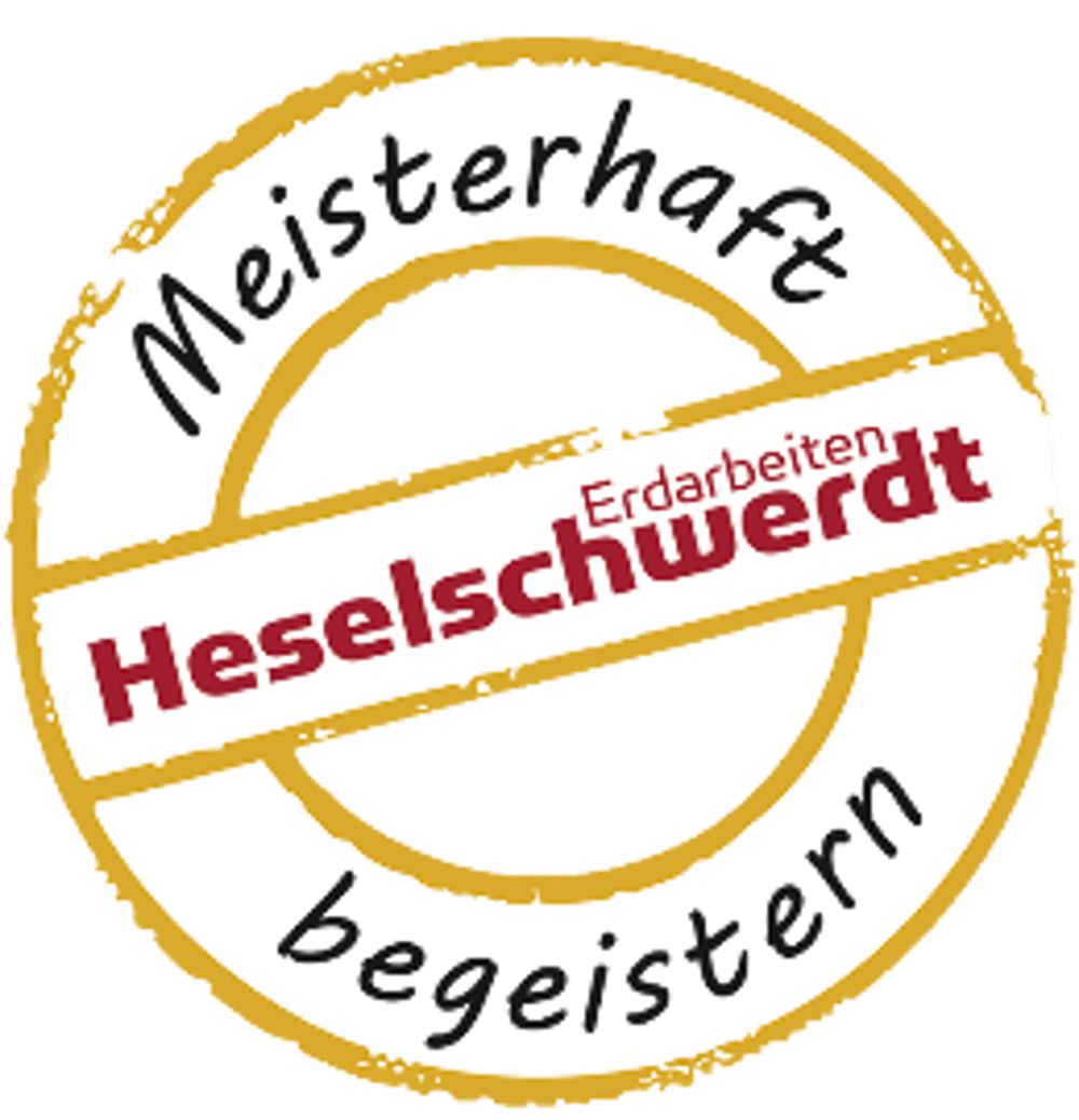 Rundes, gold-weißes Logo mit rotem Schriftzug "Erdbau Heselschwerdt", umrandet von "Meisterhaft begeistern".