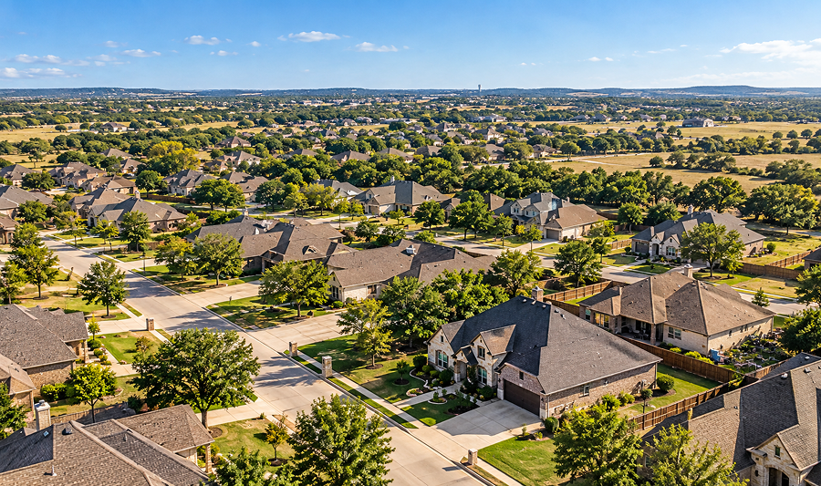 Aerial view of single-family roofs across a residential neighbourhood