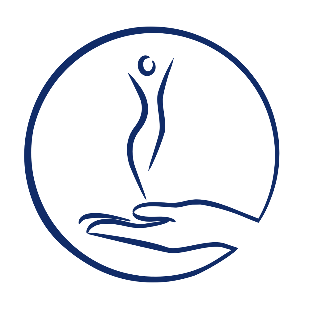 Blaues Logo: Eine offene Hand hält eine stilisierte, aufstrebende menschliche Figur, umrahmt von einem Kreis.