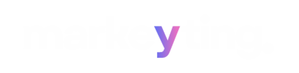 Das Wort "markeyting." in Weiß mit einem lila-rosa Farbverlauf auf dem Buchstaben "y" auf grünem Hintergrund.