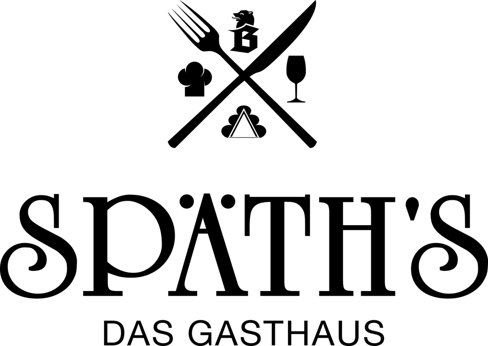 Logo "SPÄTH'S DAS GASTHAUS" mit gekreuztem Besteck und kleinen Icons (Kochmütze, Weinglas, Glocke, B)