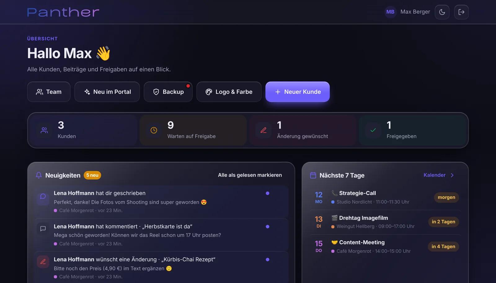 Ticket-Board im PANTHER Client im Dunkelmodus