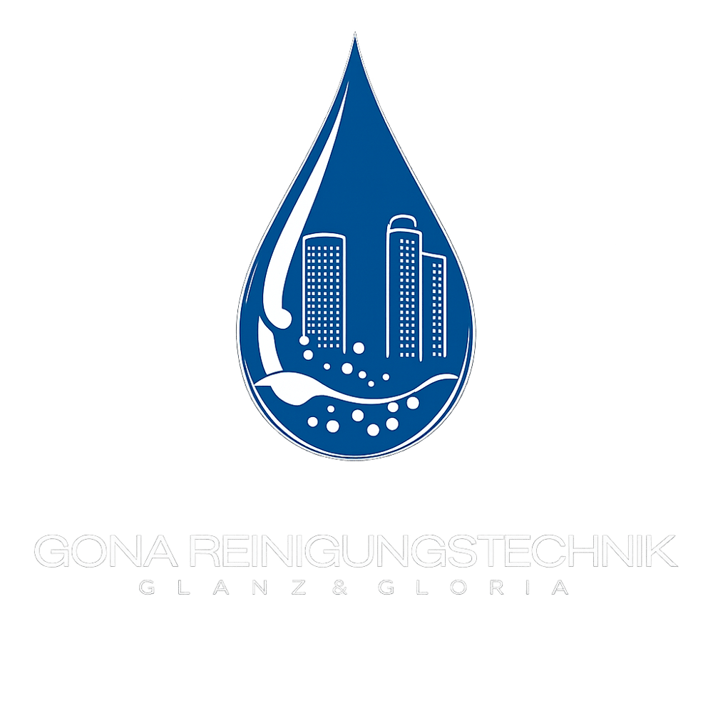 Blauer Tropfen mit Stadtbild und Text "GONA REINIGUNGSTECHNIK GLANZ & GLORIA" auf grünem Hintergrund.