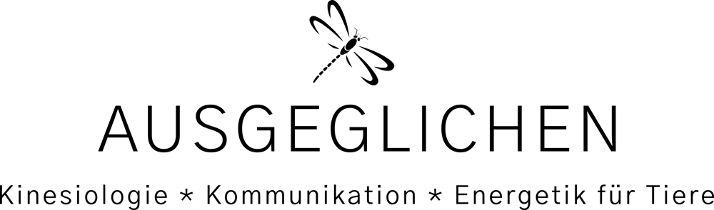 Schwarzer Text "AUSGEGLICHEN" unter einer Libelle, darunter "Kinesiologie * Kommunikation * Energetik für Tiere" auf grünem Hintergrund.