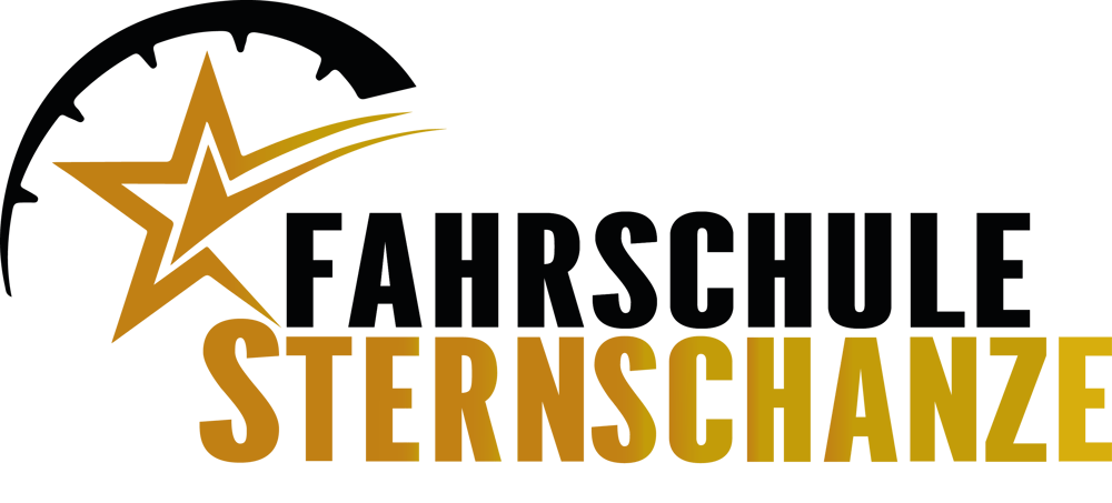 Logo der Fahrschule Sternschanze mit einem orangefarbenen Stern und einem Tachometerbogen.