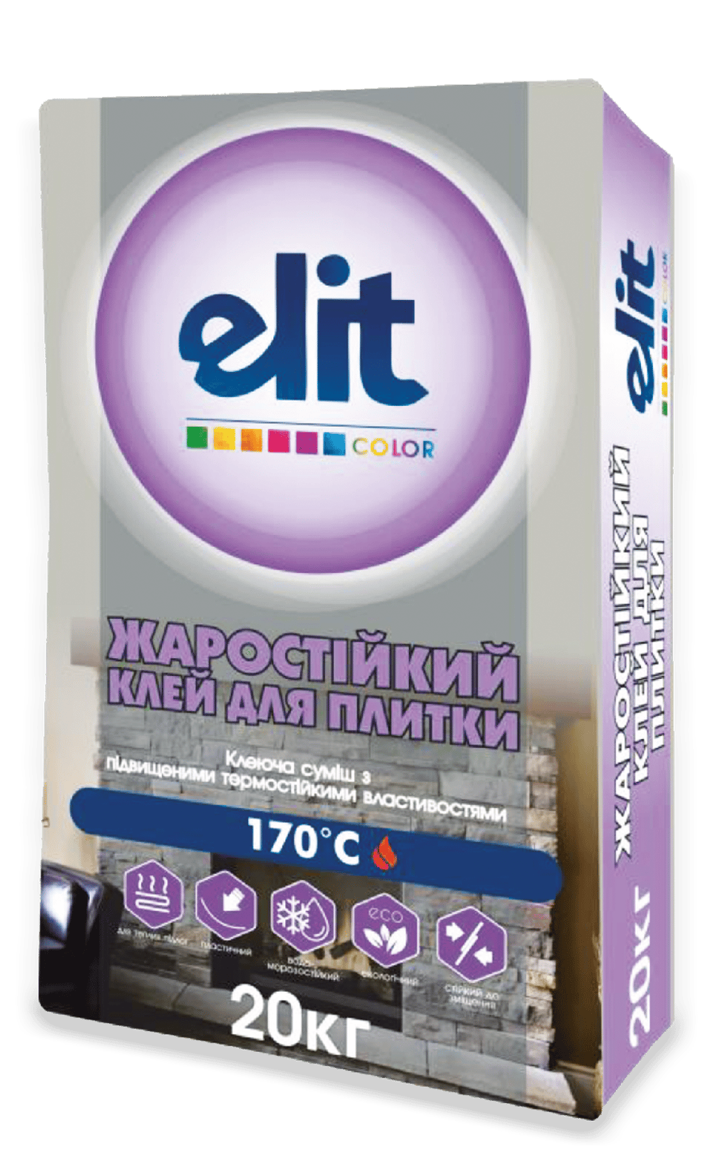 Упаковка термостійкого клею для плитки Elit вагою 20 кг з написом "ЖАРОСТІЙКИЙ КЛЕЙ ДЛЯ ПЛИТКИ 170°C".