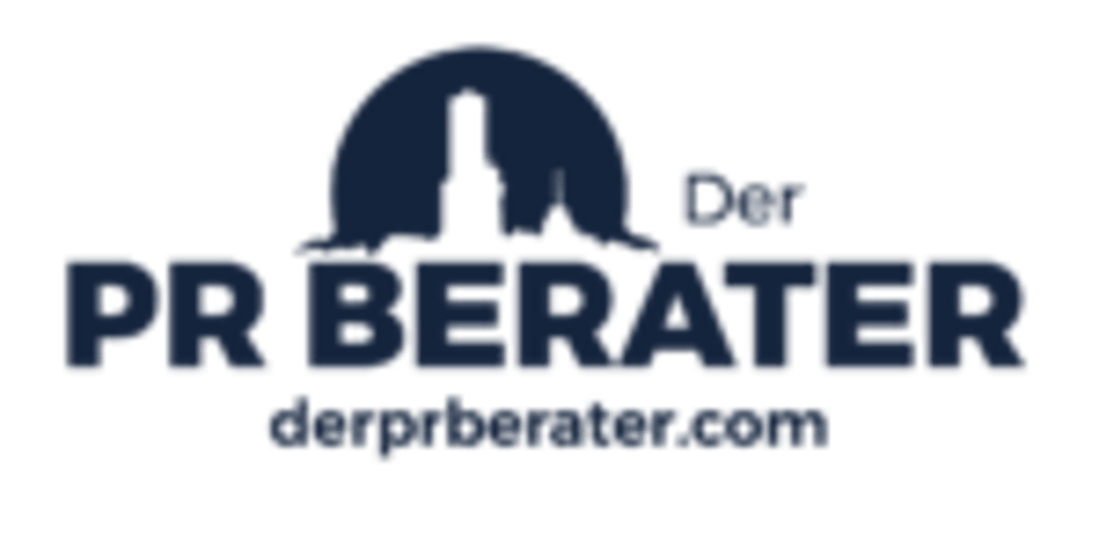 Logo von Der PR Berater mit einer Stadt-Skyline vor einem runden Hintergrund und der URL derprberater.com.