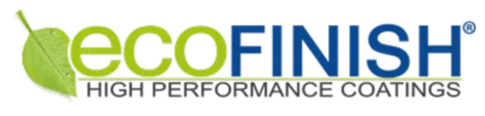 Logo: "ecoFINISH" in Grün und Blau mit Blattmotiv, darunter "HIGH PERFORMANCE COATINGS" in Grau.