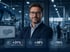 Ingenieur in Fabrik mit Daten-Overlays: +31 % B2B-Anfragen, +36 % Kontaktanfragen und -19 % Kosten pro Lead.