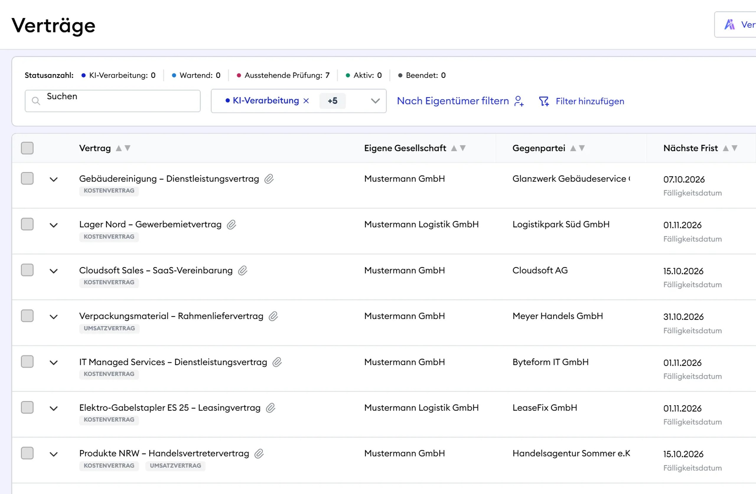 Vertragsmanagement-Software: Vertragsübersicht mit Gegenpartei, Status und nächster Frist
