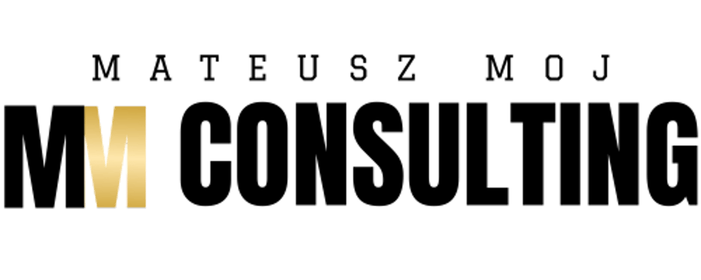 Logo Mateusz Moj Consulting z literami "MM" w kolorze złotym.