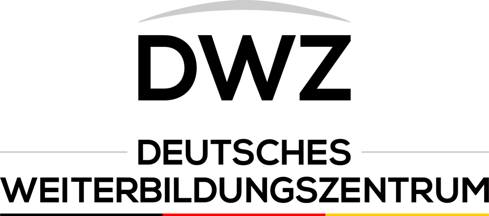 Logo des Deutschen Weiterbildungszentrums (DWZ) mit stilisiertem Dach und deutscher Flagge.