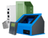Verschiedene Gehäuse und Komponenten für elektronische Geräte, darunter ein blau-schwarzes Gehäuse und ein grünes Gehäuse.