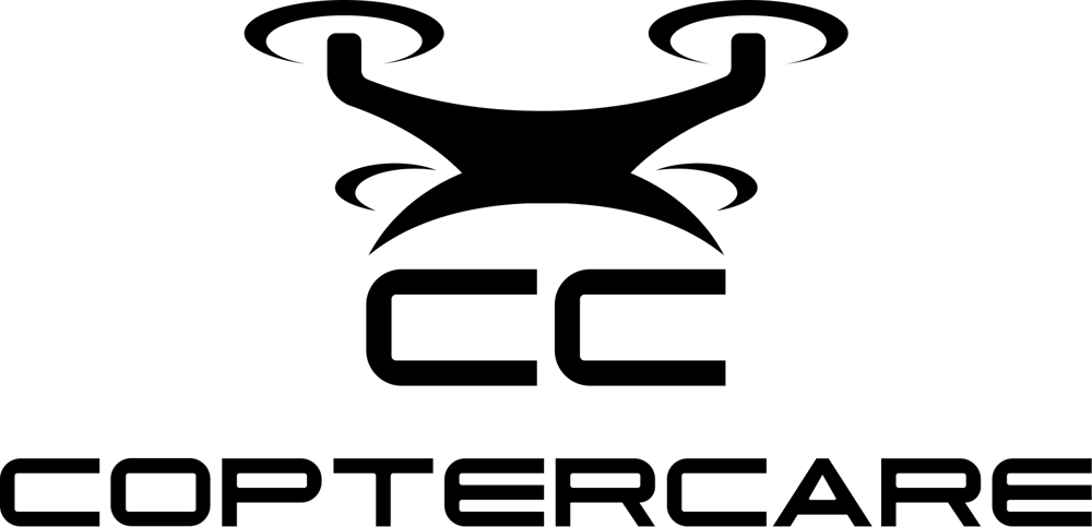 Logo mit schwarzer Drohne über hellgrünem "CC" und "COPTERCARE" in Weiß auf dunklem Hintergrund.