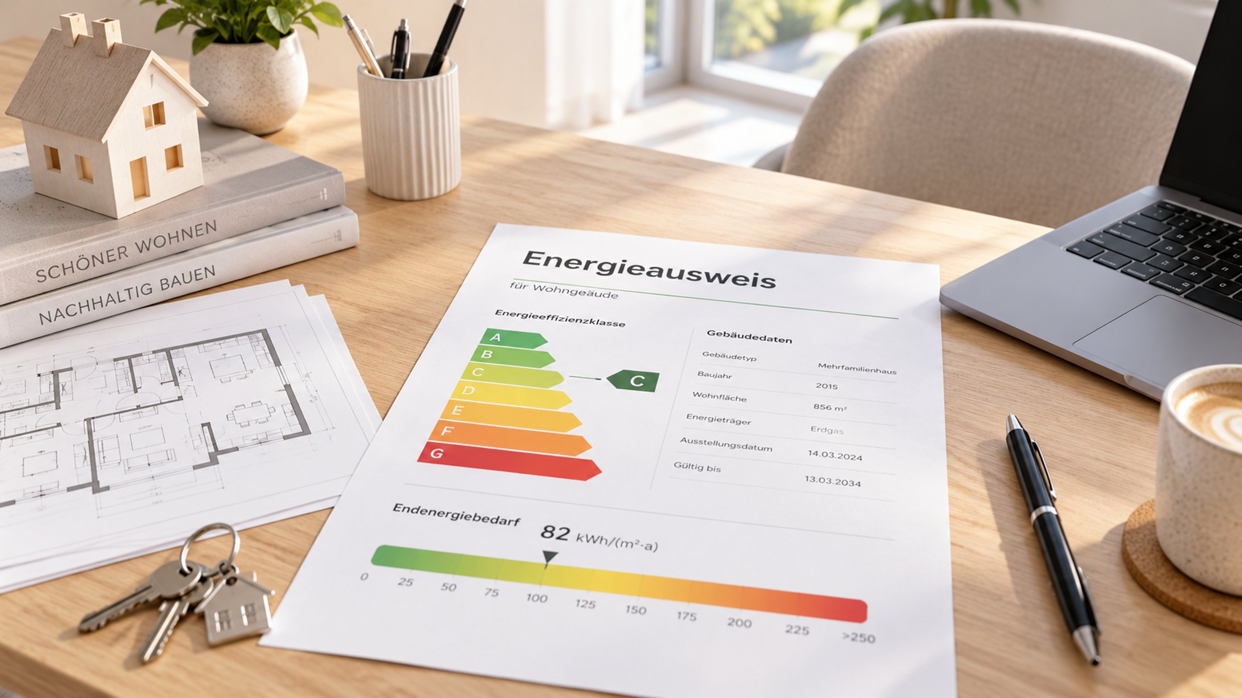 Ausgefüllter Energieausweis auf einem Schreibtisch neben Laptop und Zimmerpflanze