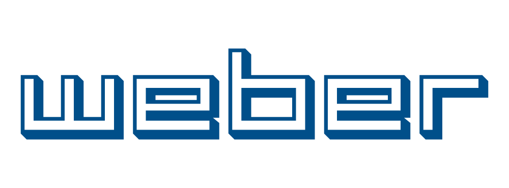 Das Wort "weber" in weißen, 3D-ähnlichen Buchstaben mit blauem Rand.
