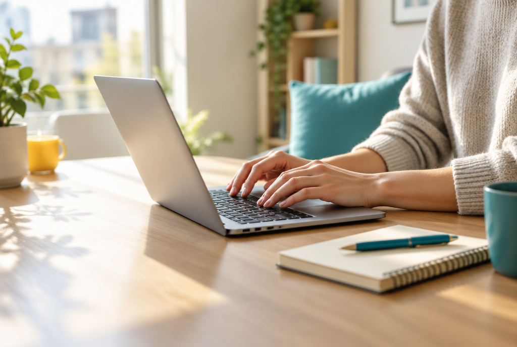Hände arbeiten konzentriert am Laptop an einem hellen Schreibtisch