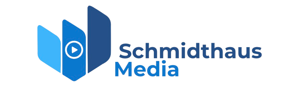 Logo von Schmidthaus Media mit zwei blauen, hochformatigen Rechtecken, das vordere mit einem Play-Symbol.