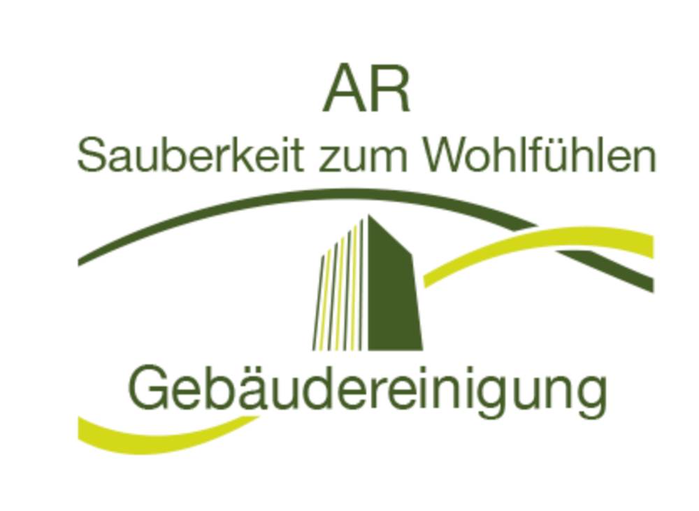 AR Sauberkeit zum Wohlfühlen Gebäudereinigung Logo, dunkelgrünes Gebäude mit geschwungenen Linien.