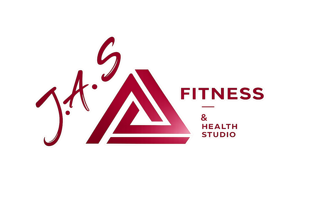 Logo von J.A.S Fitness & Health Studio mit einem roten, verschlungenen Dreieck auf schwarzem Hintergrund.