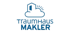 Logo von TraumHaus Makler: blauer Umriss eines Hauses in einer Wolke mit Sonne, darunter der Text "TraumHaus Makler".