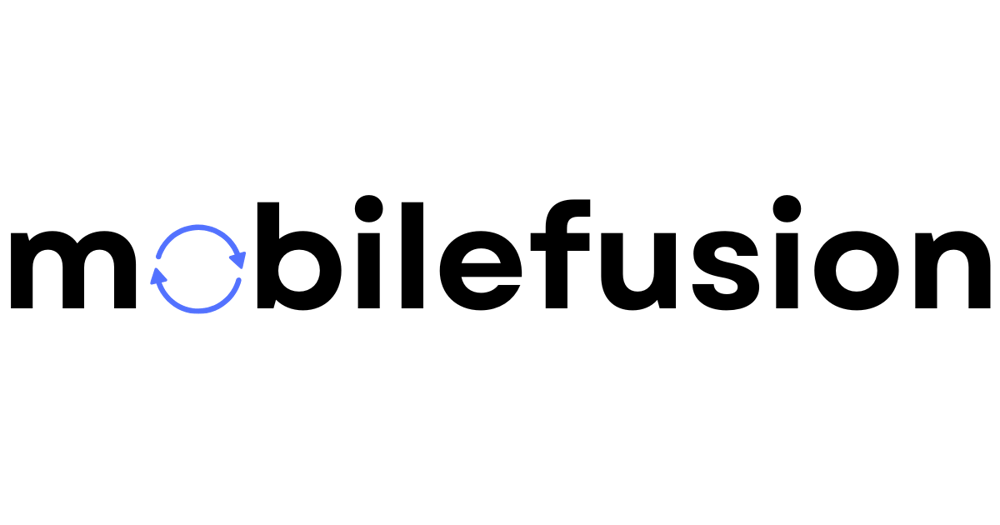 Der Text „mobilefusion“ in Schwarz, wobei das „o“ ein blaues Kreispfeilsymbol ist.