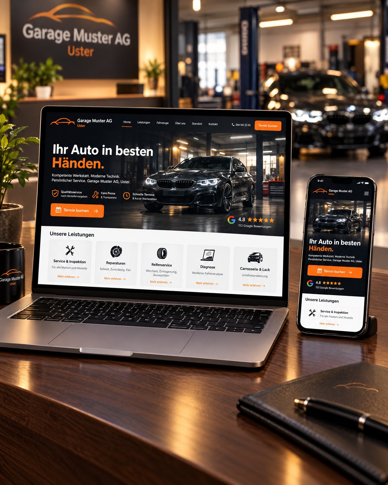 Laptop und Smartphone zeigen eine moderne Website einer Garage mit Online-Terminbuchung