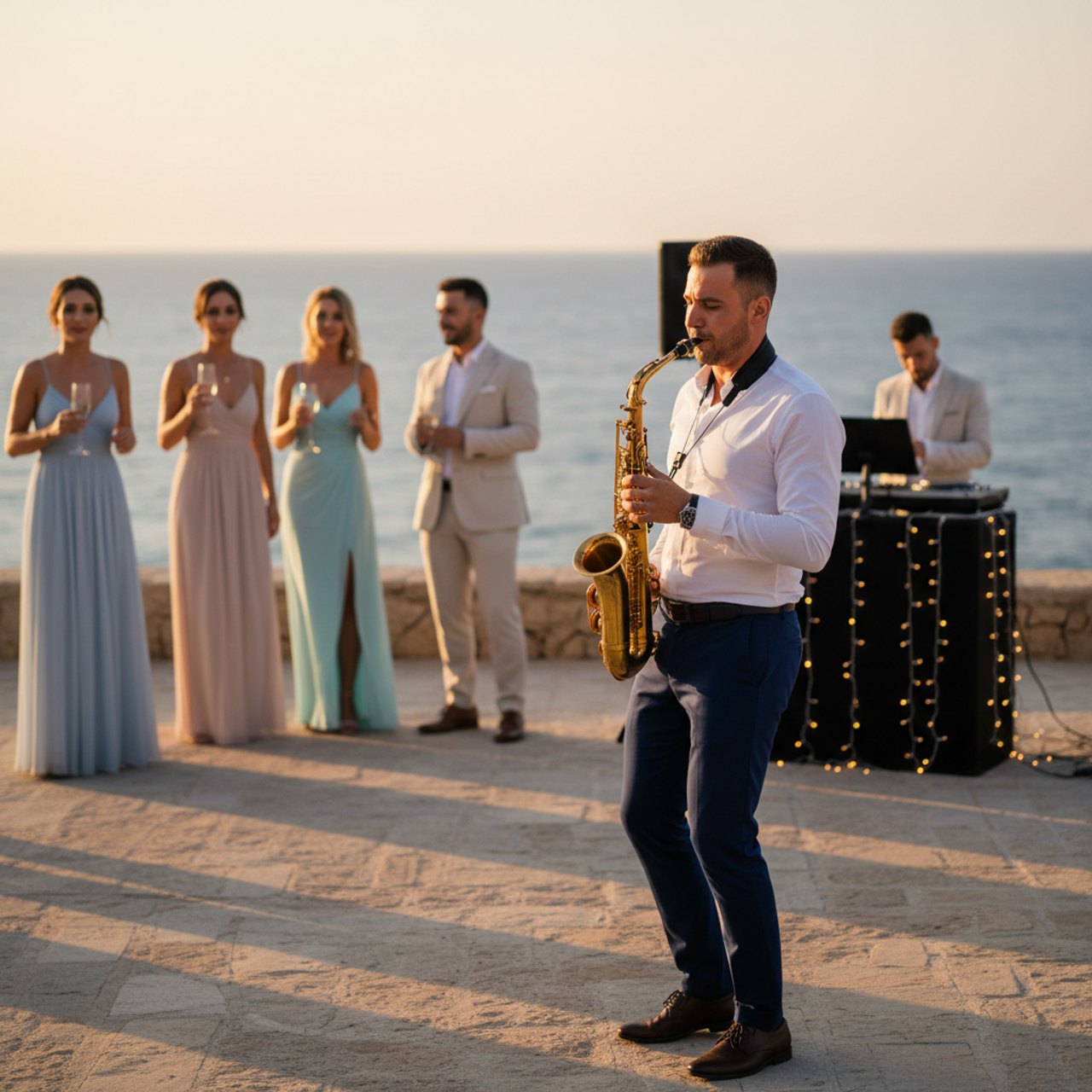 Saxofonspieler beim Empfang am Meer