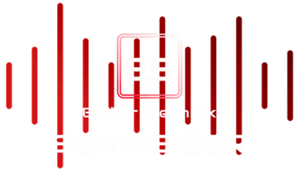 Logo Elektrotechnik Schweiger mit "ES" in rot-weißem Quadrat und rotem Equalizer-Muster auf dunkelgrünem Hintergrund.