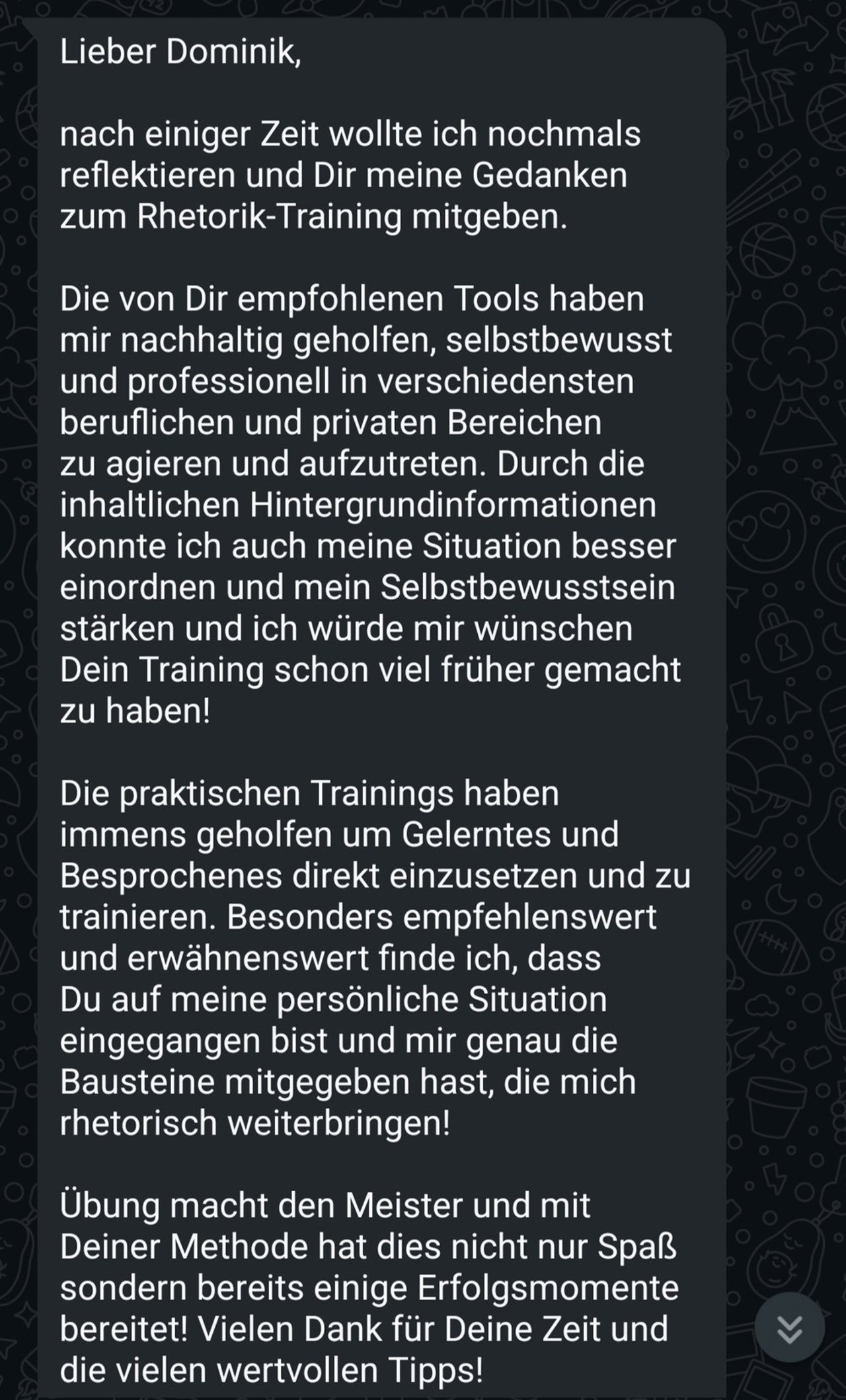 Nachricht einer Klientin zum Rhetorik-Training