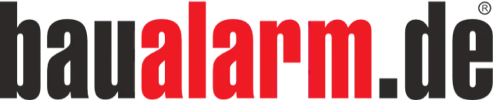 Textlogo „baualarm.de“ in Schwarz und Rot auf dunklem Hintergrund.